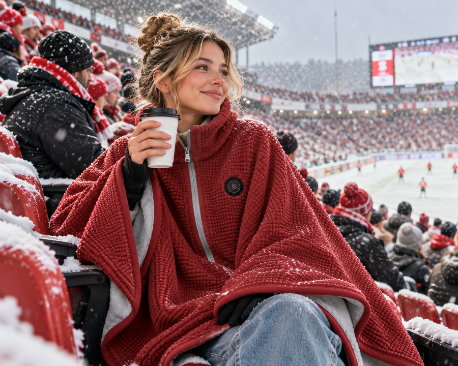 Heated blanket worn outdoors