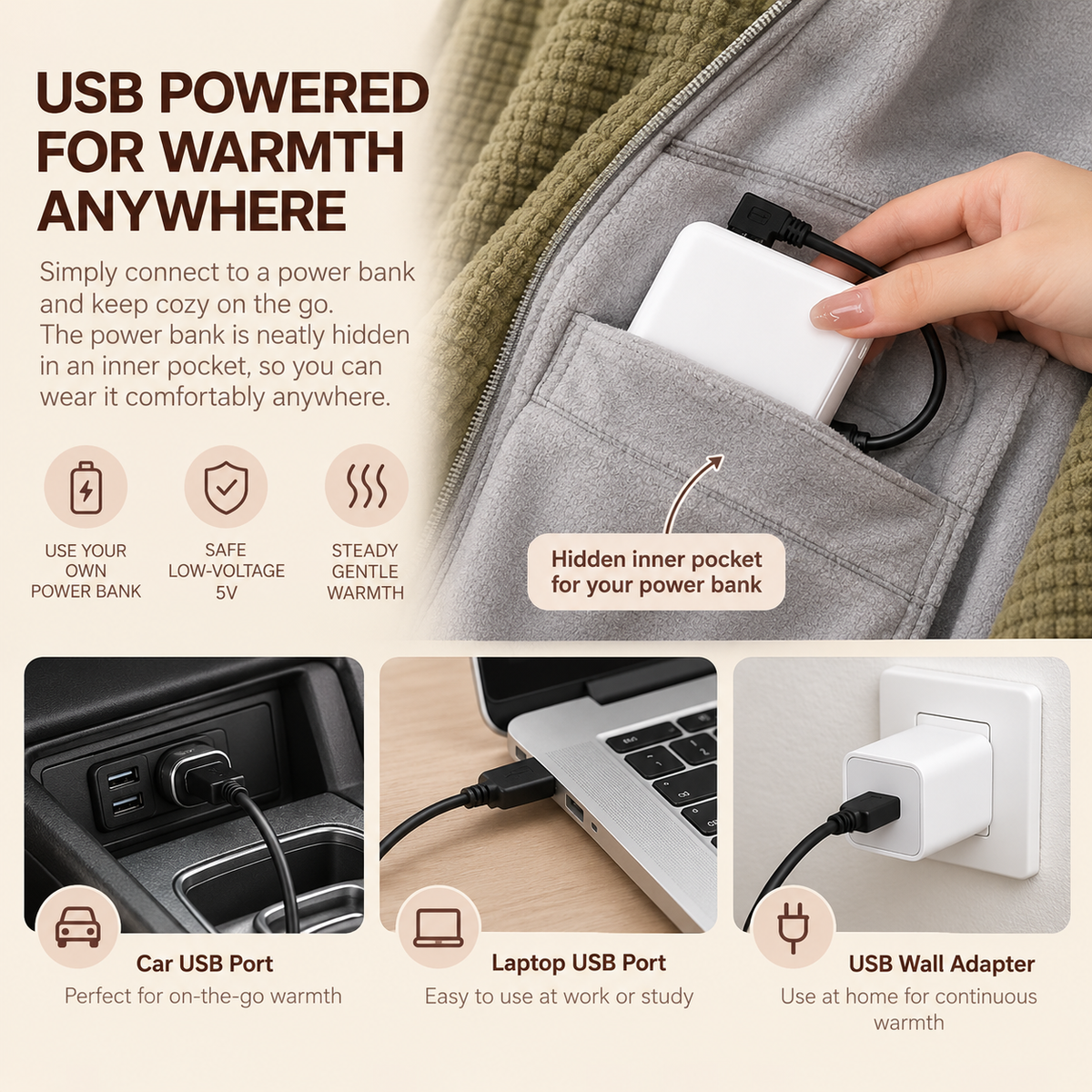 USB powered, warm anywhere